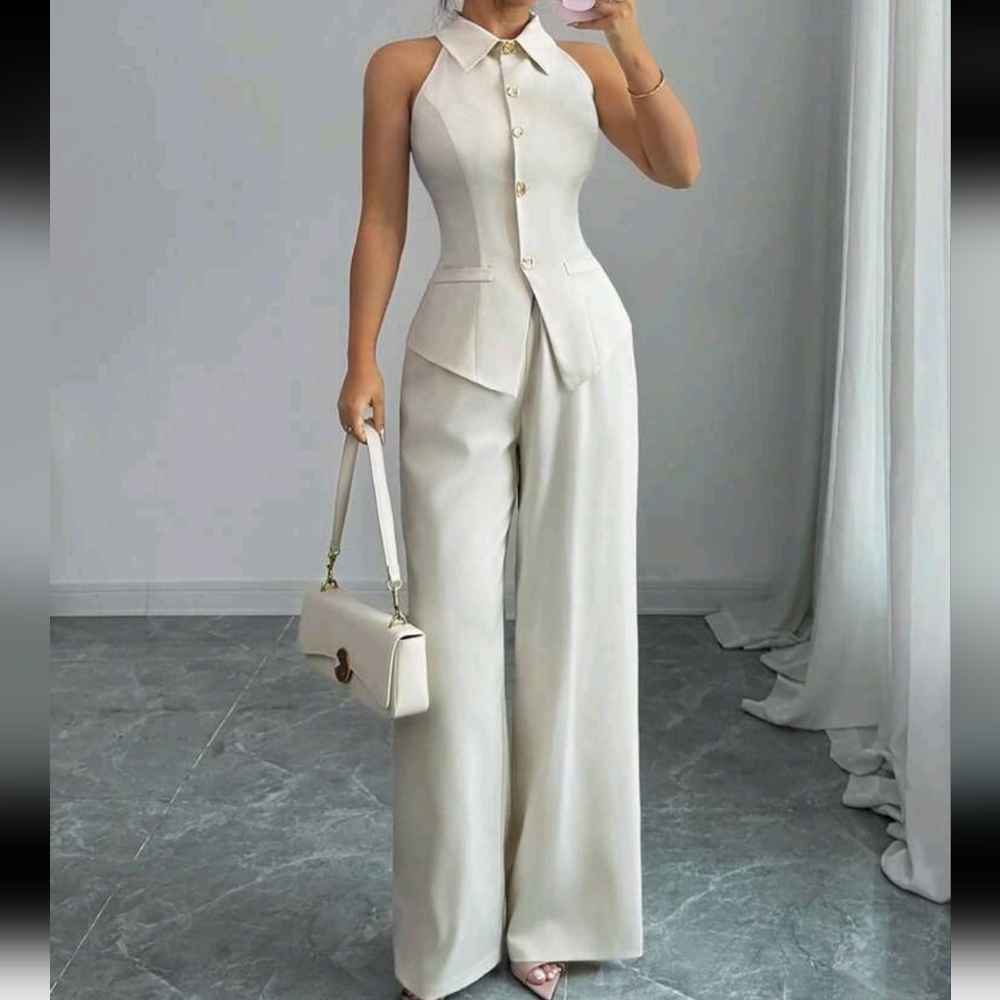 Elegant Business Commute Sleeveless V-Neck Tie Waist Top And Loose Straight Pant